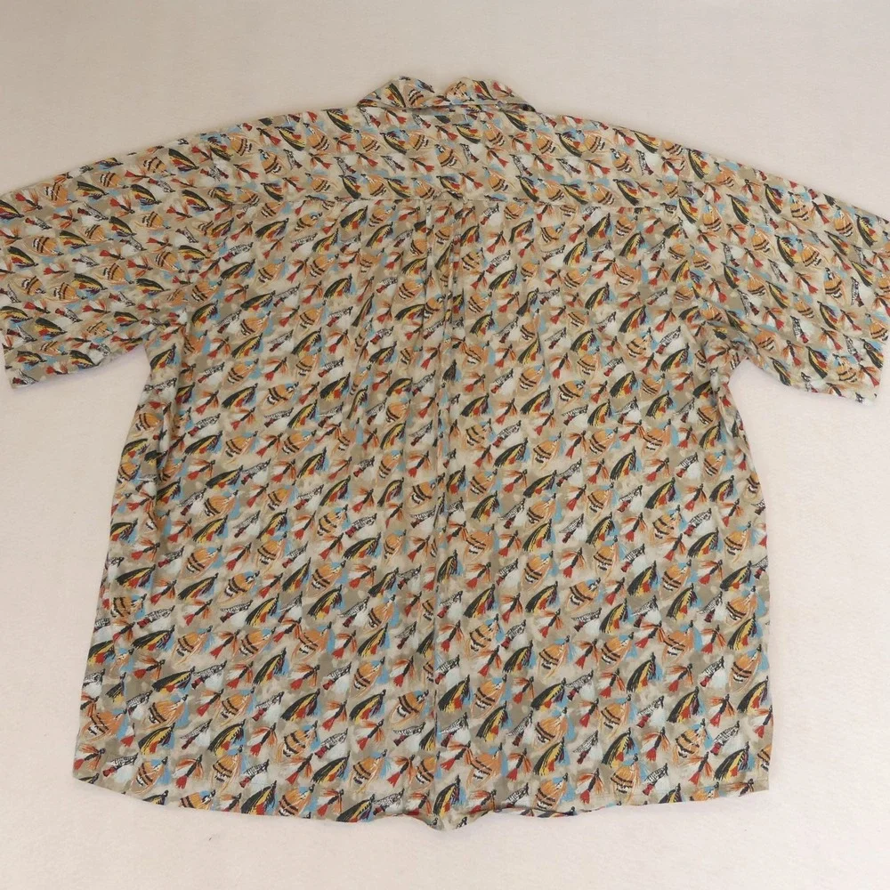 Orvis Fly Fishing All Over Print AOP Short‎ Sleeve Button Up Shirt Men's Large